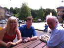 Me, Alan and Yvonne (Nicki's mum and general dogsbody) relaxing outside Buxton Pavillion halfway through the run.