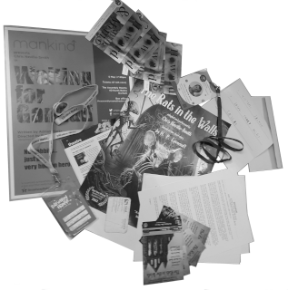 Montage of posters, play scripts, flyers, festival passes and other things I've been involved in. (Black and white)