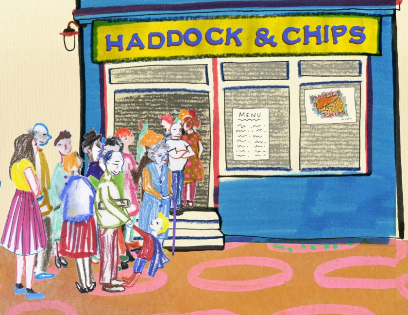 Drawing of people queuing outside a fish and chip shop